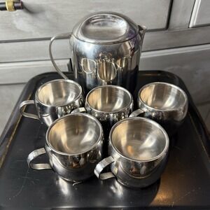 Vintage MCM 6 Pc Tramontina Stainless Steel Double Wall Espresso Tea Cups Carafe
